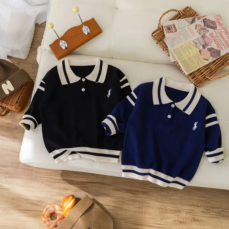 الأطفال التلبيب الفتيان قميص بولو الطفل المتوسطة وكبار السن محبوك سترة أواخر الخريف الشتاء سترة مطرزة بأكمام طويلة