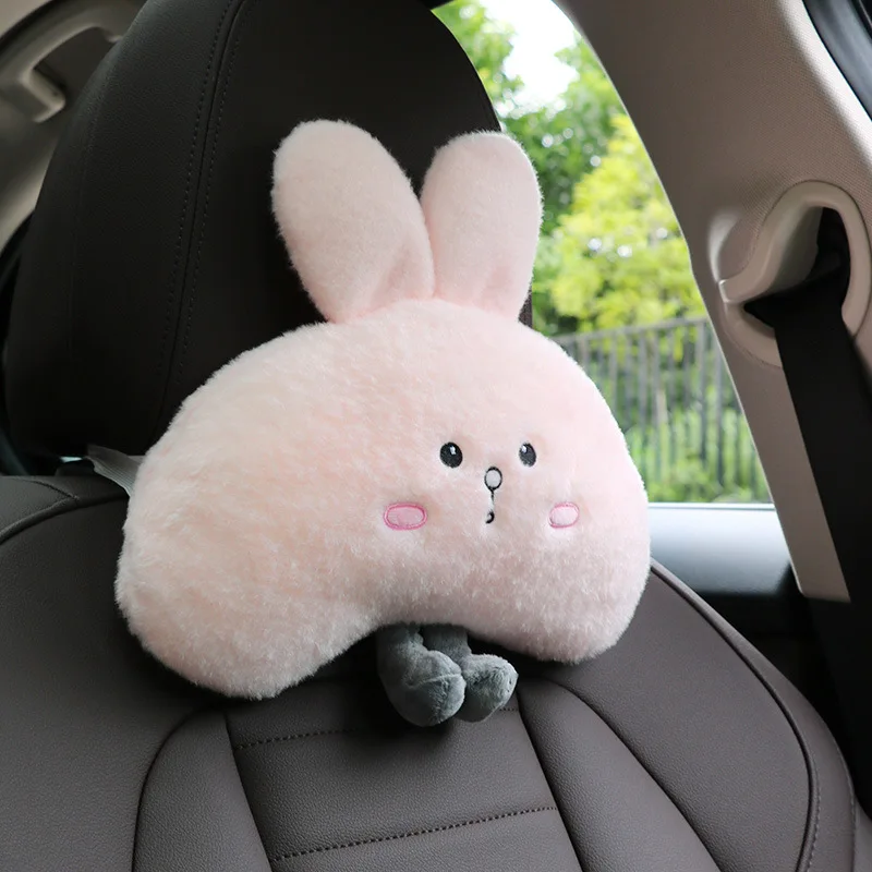 Comfortable Soft Pink Plush Car Headrest Lumbar Support Cartoon Rabbit Car Waist Neck Pillow Car Interior Decoration For Winter