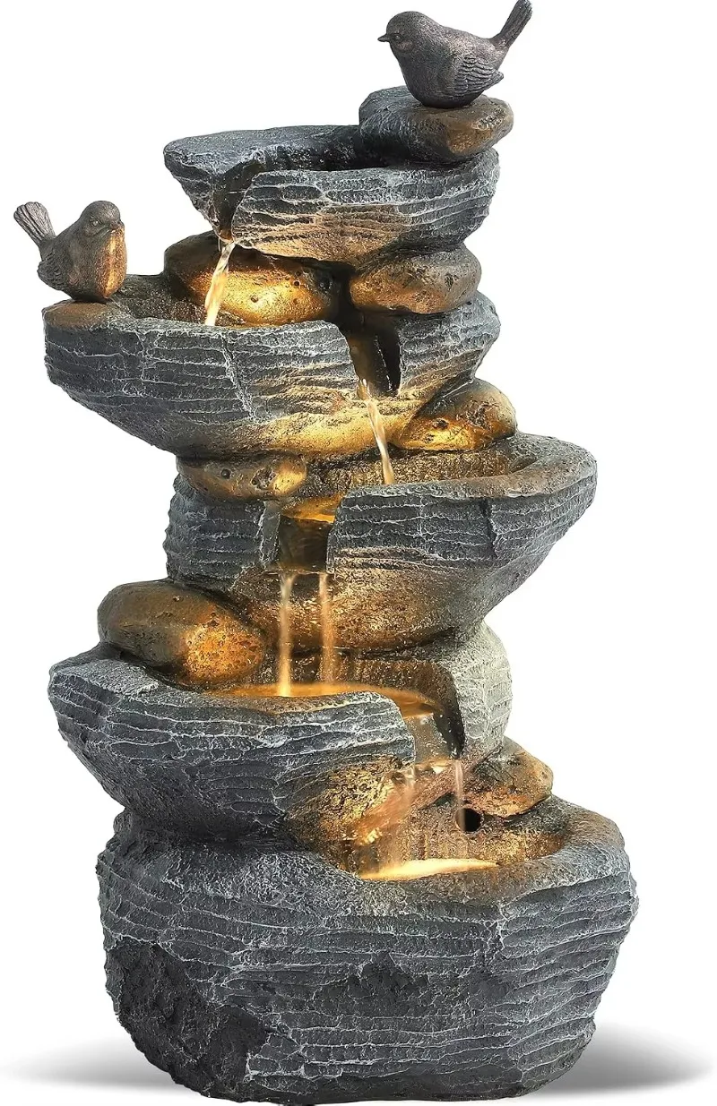 ^Outdoor 5-Tiers Cascading Rock Water Fountain, Waterfall Fountain with 4 LED Lights, Outdoor Fountains and Waterfalls