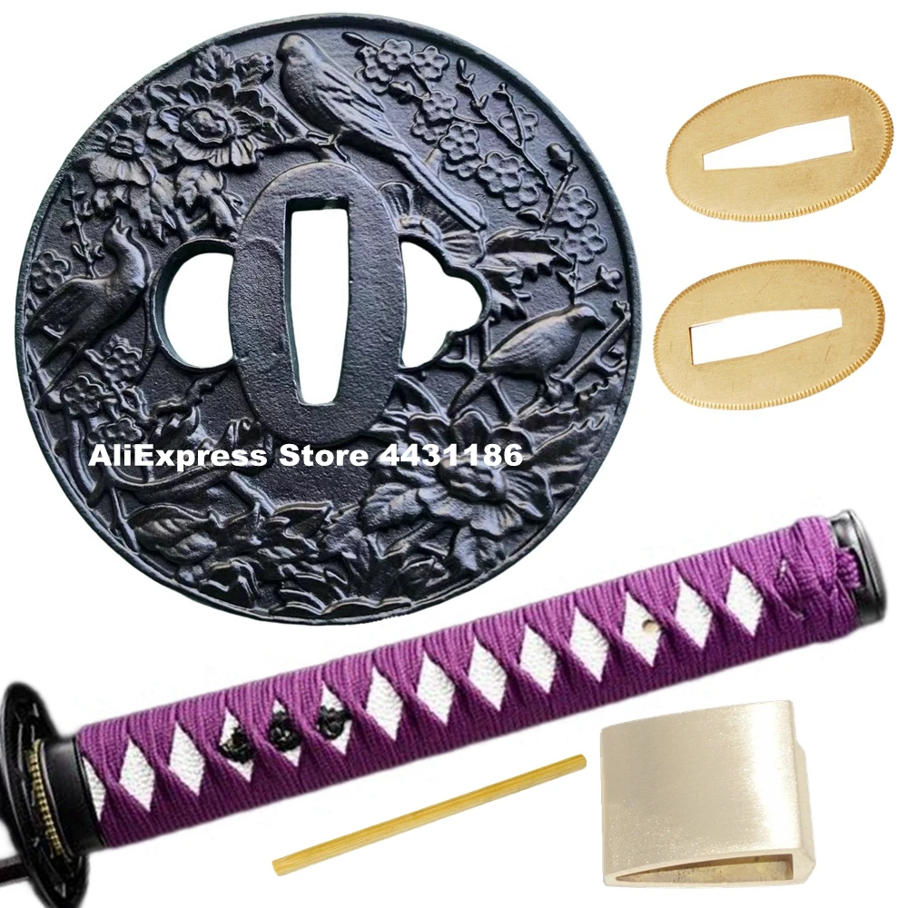 26cm Katana Tsuka Purple Ito Handle Tsuba Japanese Samurai Sword Set Fittings Alloy Guard+ Menuki+Fuchi+Kashira+Habaki+Seppa