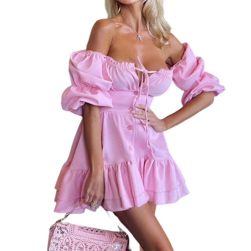 2024 Short Sexy Sleeve Mini Dress Women Summer Slash Neck Off Shoulder Bow Elegant Party Single Breasted Dresses For Women