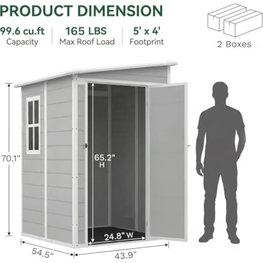 Outdoor storage shed for feet with plastic construction, gray color, weather-resistant and includes floor