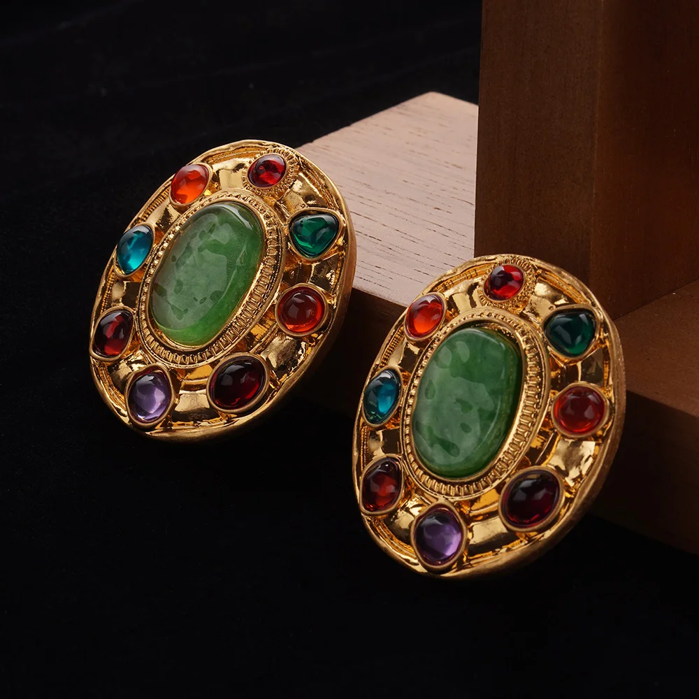 Medieval RetroGreen Colorful Stone Elliptic Gold-plated Earring Vintage Fashion Moroccan Jewelry For Women Gift Anniversary