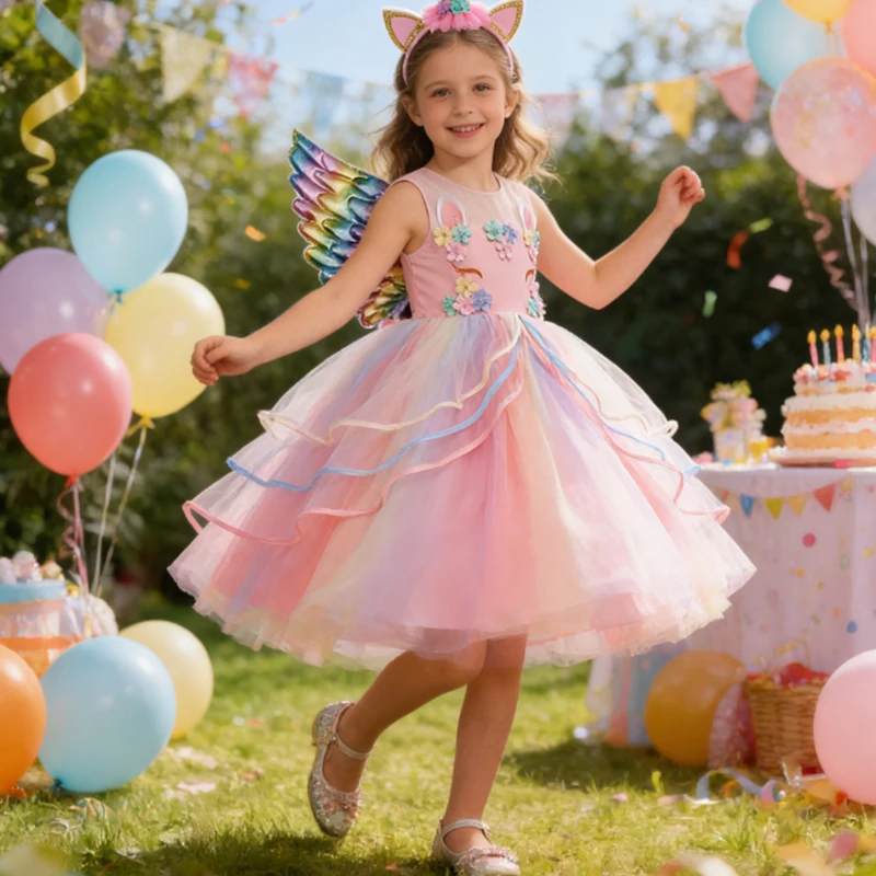 كرنفال ملون بنات يونيكورن فستان باستيل قوس قزح تول الأميرة فتاة فساتين حفلات أعياد ميلاد الطفل يونيكورن أداء الأزياء