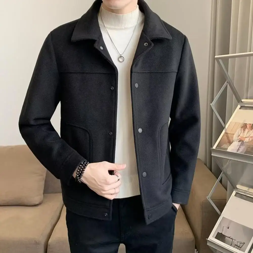 2023 Fashion Men Single-Breasted Windbreaker Solid Color Slim Short Woolen Coat Winter Casual Warm Windbreaker Coat Men Clothing