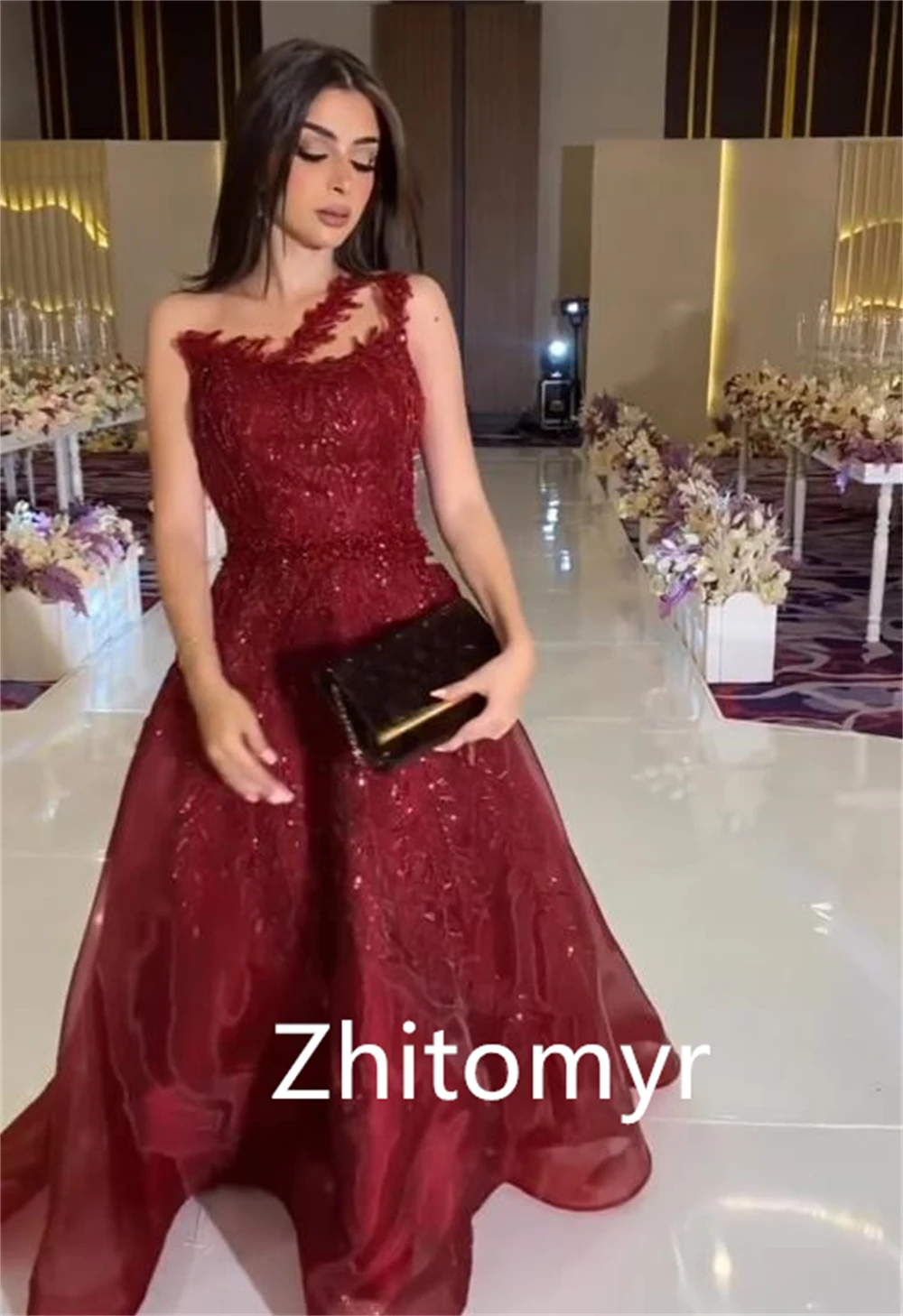 Customized Sparkle Fashion Strapless Ball gown Party Dresses Embroidery Paillette / Sequins Sweep/Brush Skirts Organza Evening