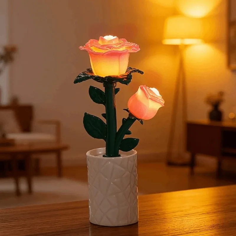 Pink Flower Table Lamp Tulip/Rose/Azure Orchid Potted Plant Atmosphere Night Light Building Block Style Desktop Decoration