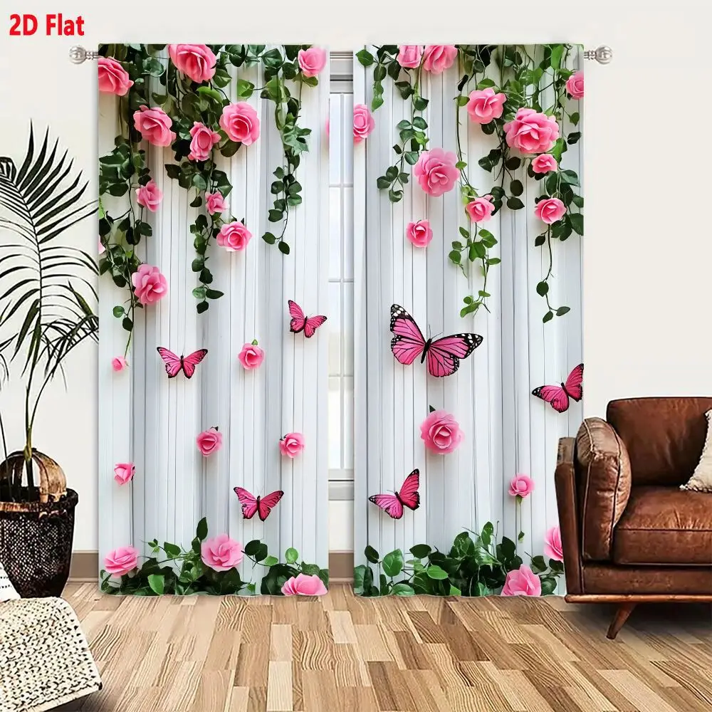 2Pcs Curtains Add 2D Flat Decorative Wall Arrangement With Artificial Green Ivy Leaves And Bright Pink Roses Plus Vibrant Pink M