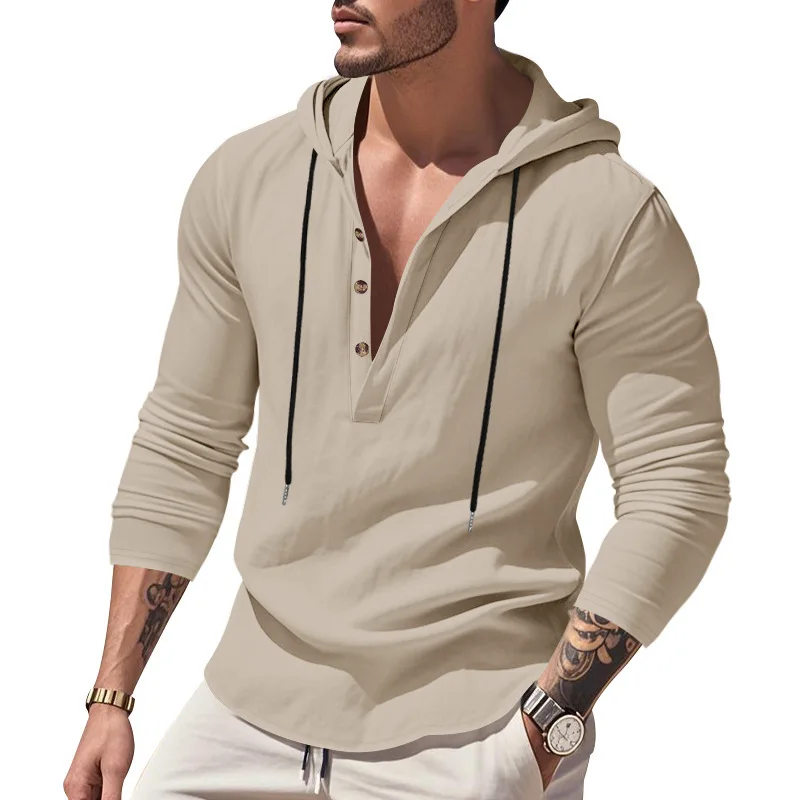 Hot Selling Men's Loose Linen Breathable Hooded Solid Color Long Sleeve Sweatshirts Breathable Beach Undershirts Male Clothes