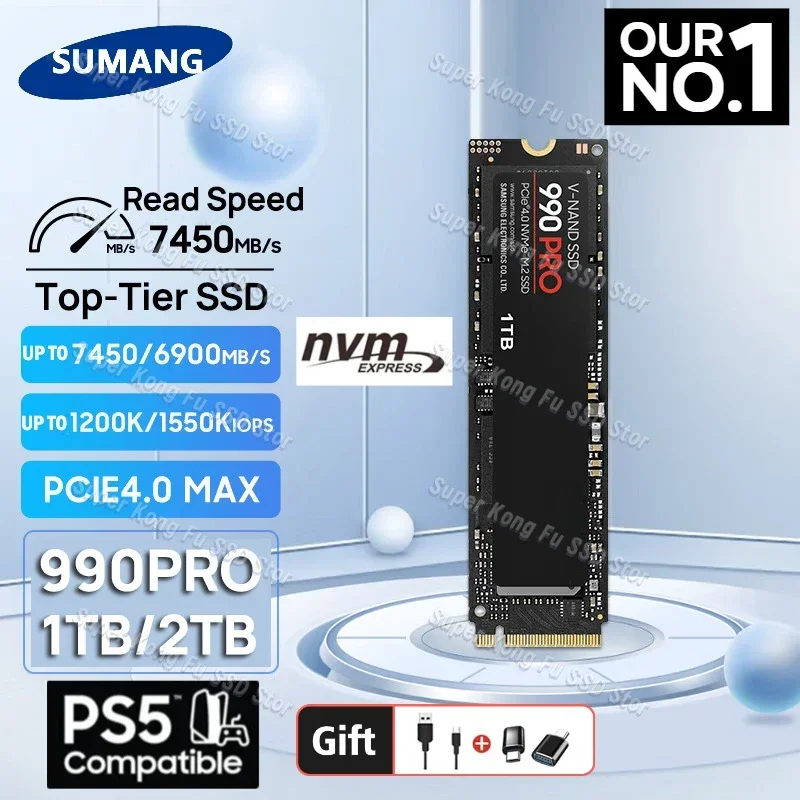 

FOR 990 Pro SSD 1TB 2TB NVMe PCIe 4.0 Up 7450MB/s M.2 2280 Disk Drives for PS5 PlayStation5 Laptop Notebook Gaming Computer