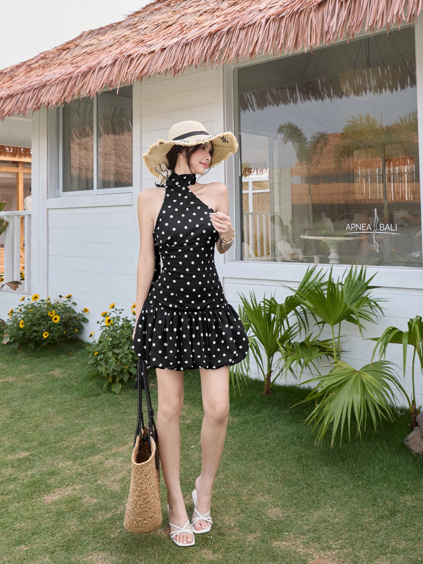 

Retro Polka Dot Sash Neck Hanging Dress Women's Summer New Waist Cinching A-Line Flower Bud Skirt Casual Style DGOLD Brand