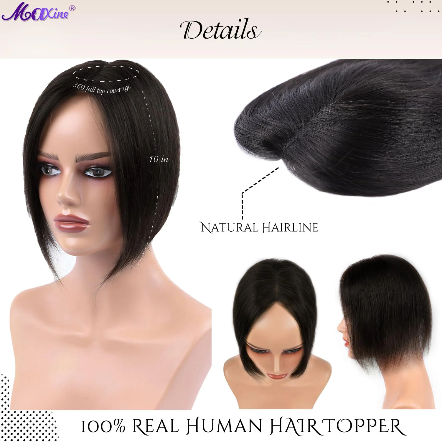 Human Hair Toppers for Women Real Human Hair 100% Remy Human Hair Toppers for Thin Hair 10inch Swiss Base Hand-Tied Straight