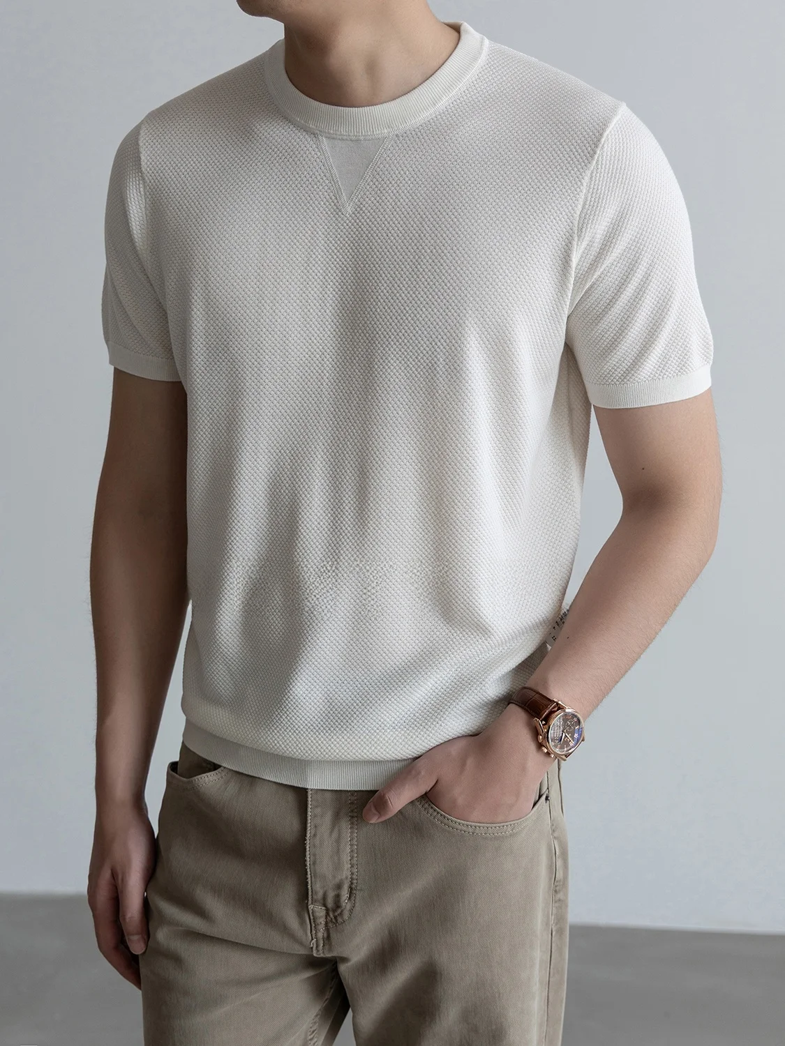 High-End  Silk Mixed 210G Cool Naked Feel Breathable Casual Short Sleeve Men's T-Shirt Summer Standard Fit round Neck