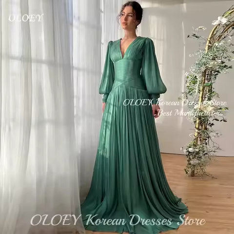 OLOEY Customized Elegant Teal Chiffon V-Neck Arabic Evening Dresses Party Dress Formal Celebrity Gowns Quinceanera Dress
