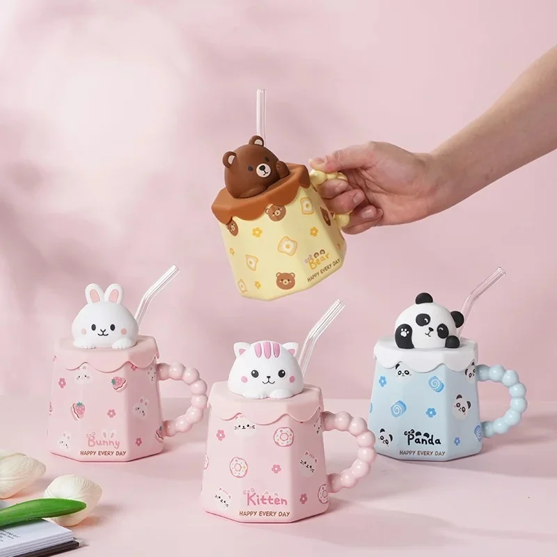 

Kawaii Cartoon Rabbit Cat Bear Panda Mug Cute Ceramic Animal With Lid Water Cup Coffee Breakfast Milk Mug Girl Birthday Gifts
