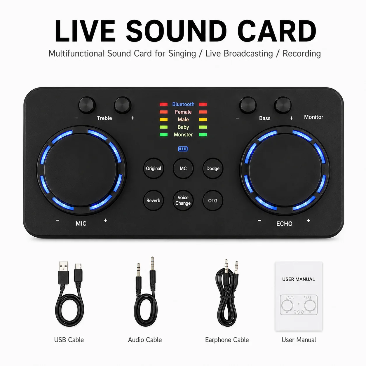 Live Sound Card Multifunctional Rechargeable BT Sound Card for Singing/Live Broadcasting/ Recording Voice and Music