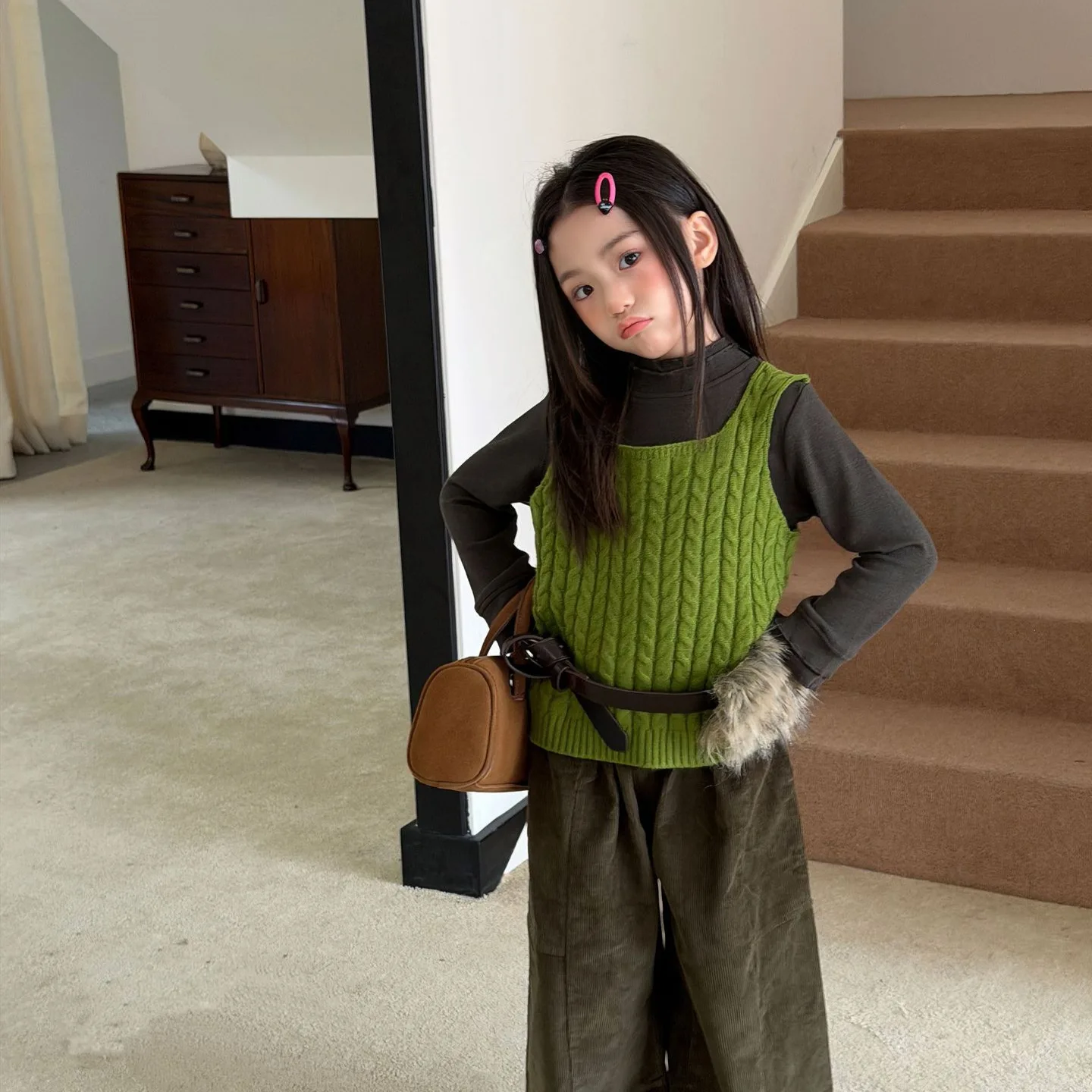 Girls 2026 Fall New Korean Sweater Strappy Top Long Sleeve Undershirt Baby Layering Korean Style Solid
