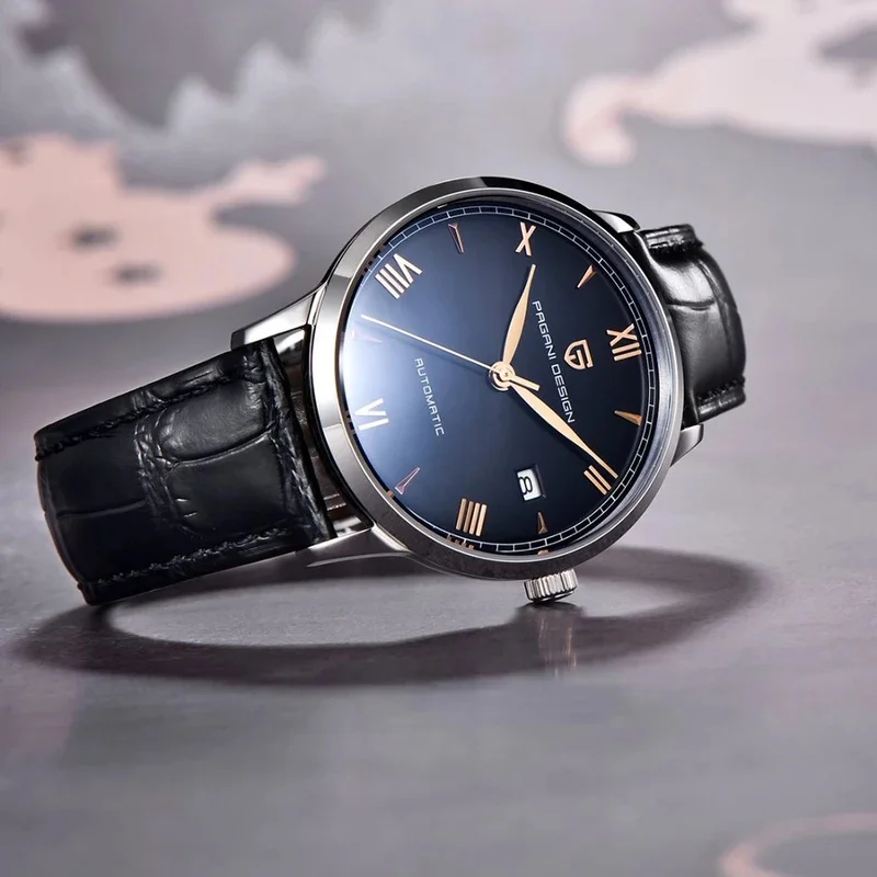 PAGANI DESIGN Men Automatic Watch Roman Numeral Black Dial Date Leather Strap Business Waterproof Mechanical Wristwatch for Men