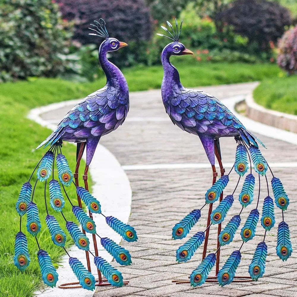 تماثيل حديقة الطاووس المعدنية الكبيرة - ديكور فني أنيق للفناء باللون الأرجواني، منحوتات رائعة للطيور للحدائق الخارجية #3