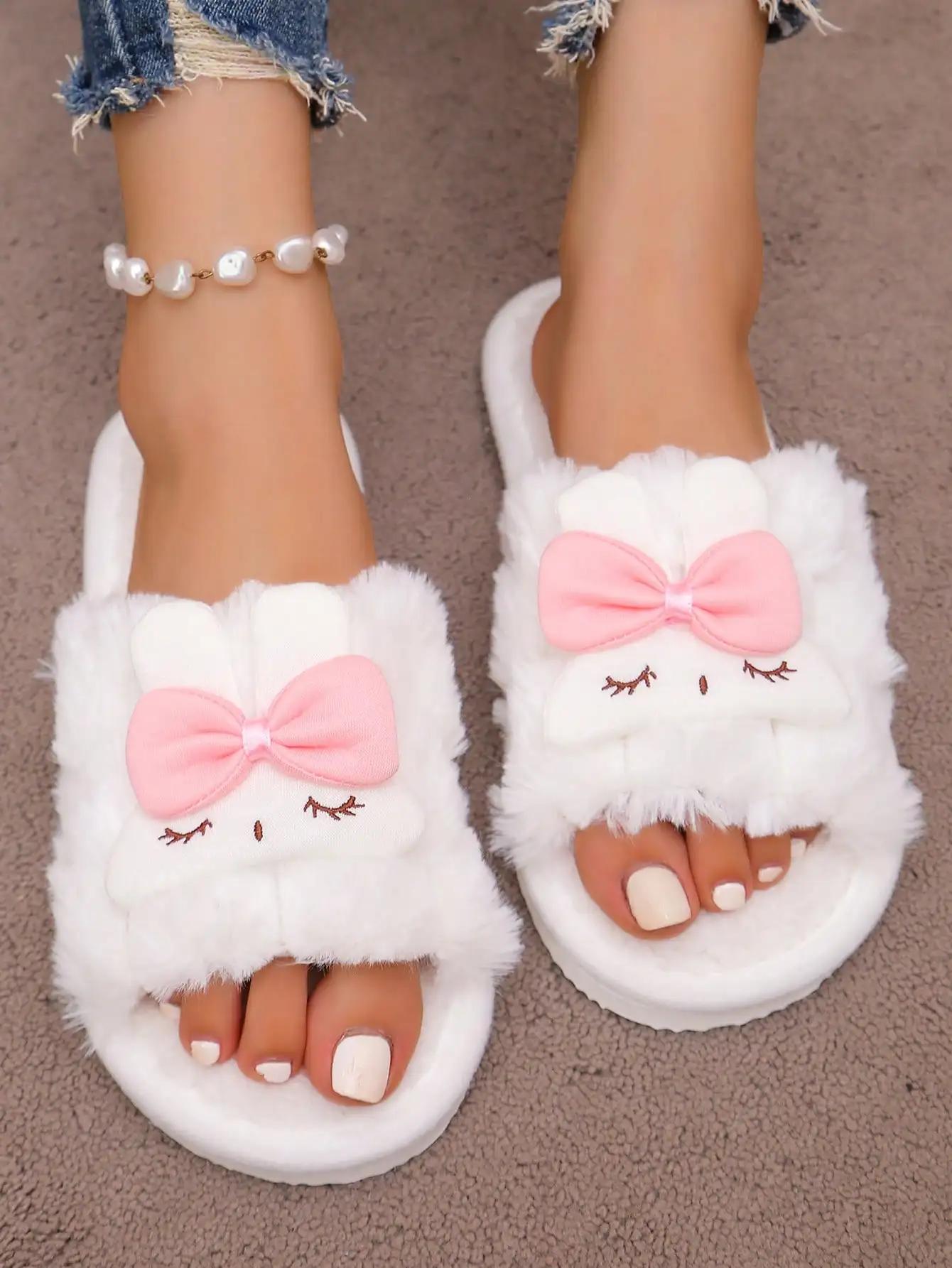 

Open Mouth Rabbit Plush Warm Slippers, Women's Indoor House Slippers For Autumn/Winter, Thick Non-Slip Fluffy Slippers Suitable For Outdoor Wear, Students Dormitory,Furry Shoes