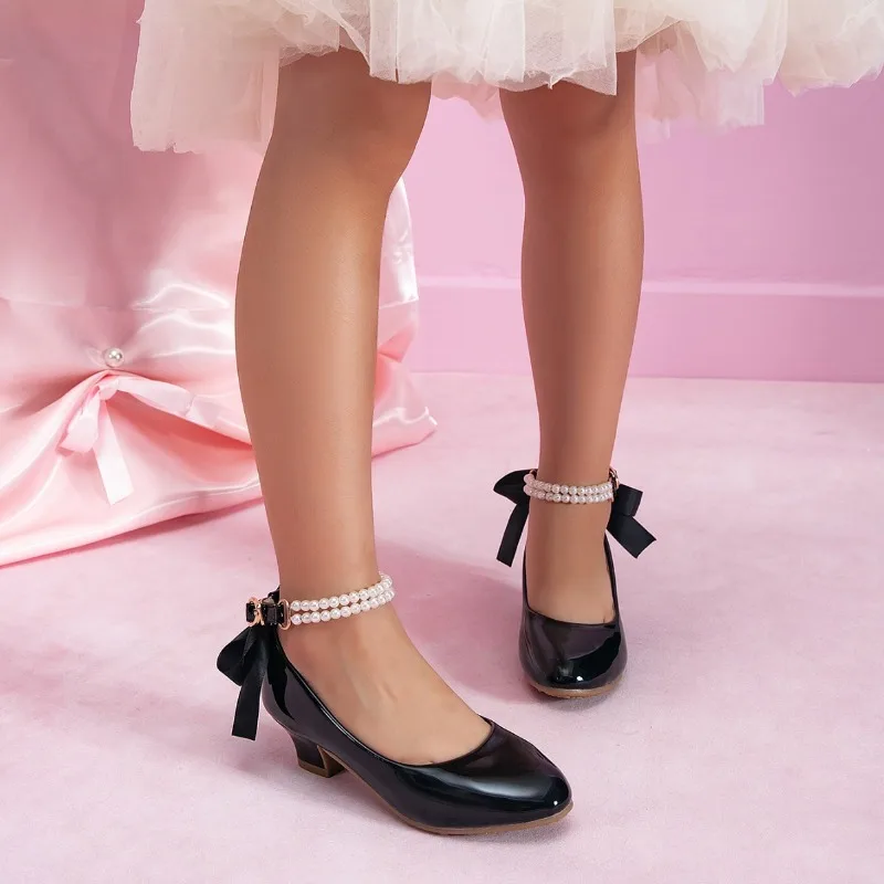 JGSHOWKITO Girls Princess Leather Shoes Black Bowknot School Perform Children High Heels Wedding Party Kids Party Dress Shoes