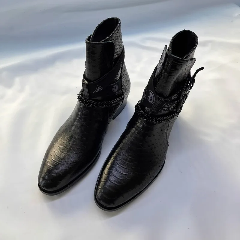 New Fashion Men Chelsea Boots Genuine Leather High-end Tooling Shoes Pointed Toe Street Motorcycle Boots Luxury Fashion Shoes