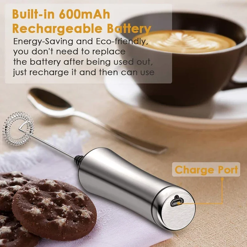 Rechargeable Milk Frother - Electric Foam Maker for Coffee Art - High Torque Motor - Drink Mixer for Cappuccino - Handheld Whip 