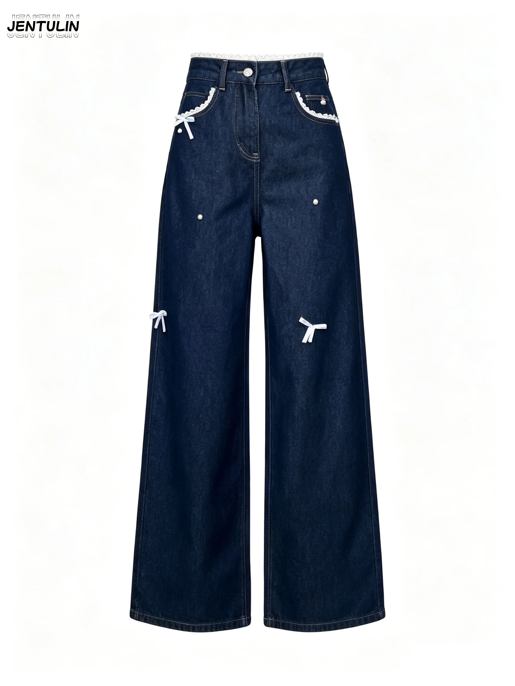 Straight Leg Denim Jeans Decorated With Bow Lace Pearl High Waist Loose Relaxed Fit Fashion Casual Female Daily Wear Trousers