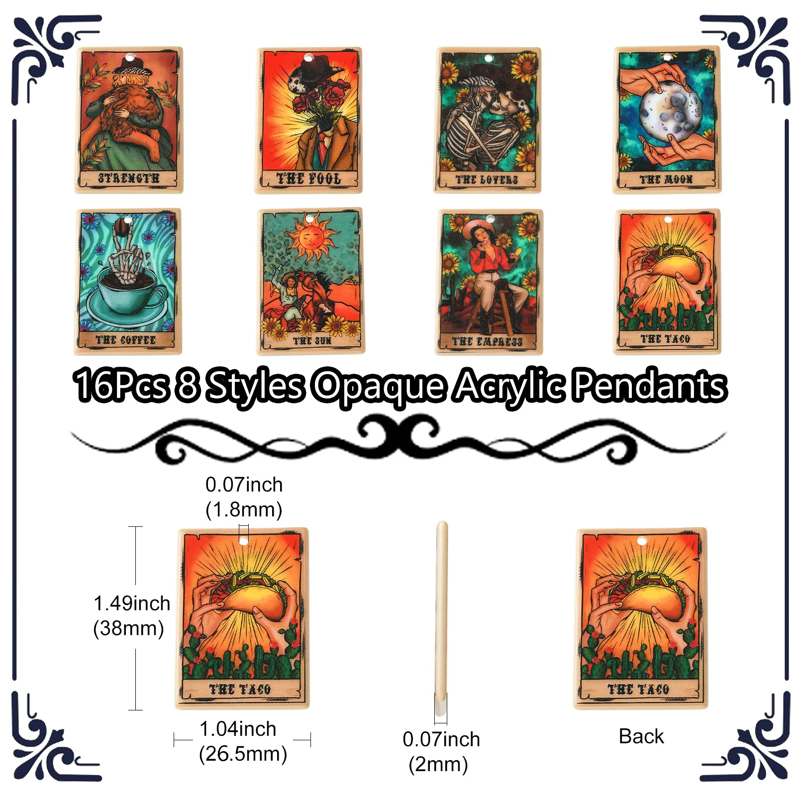 16Pcs 8 Styles Acrylic Tarot Card Charms Magic Divination Charms Rectangle with Tarot Charm for Jewelry Earrings Keychain Making