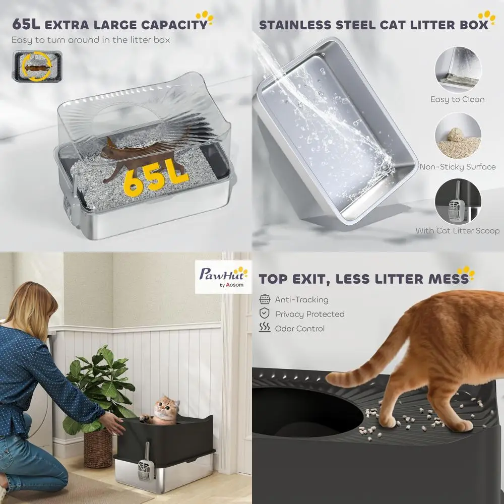 

Extra Large Enclosed Cat Litter Box with High Walls, Top Entry, Scoop, Anti-Leak, Non-Stick, Black