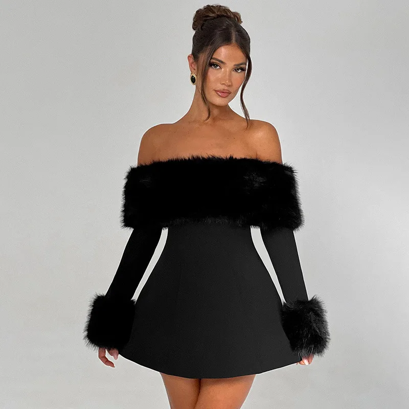 

SKMY Autumn And Winter Off The Shoulder Fur Collar Sexy Night Club Outfits Y2k Clothes Women Solid Color A-Line Short Dresses