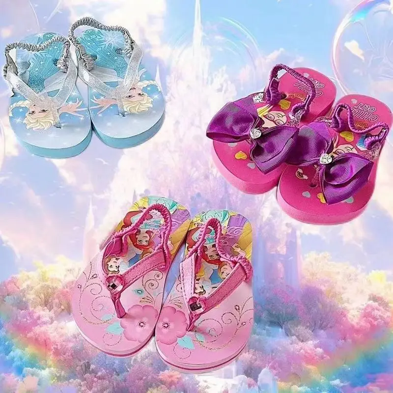 Disney-zapatillas de playa con estampado de Frozen y Elsa para niñas, chanclas suaves de interior, zapatos bonitos, Blancanieves, Verano