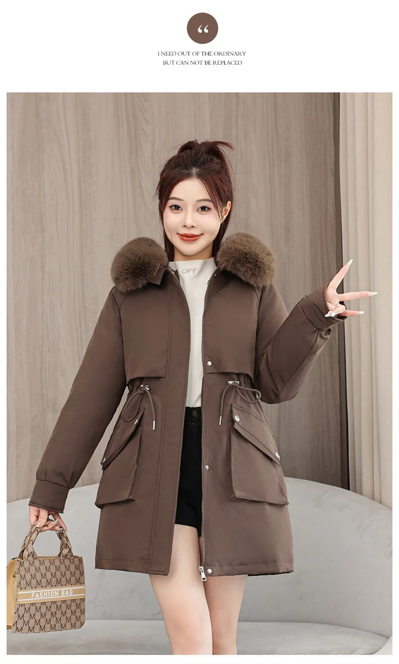 2026 New Winter Coat Down Padded Jacket Women Parkas Fur Collar Thick Hooded Cotton Coats Black Casual Outerwear Female Clothes