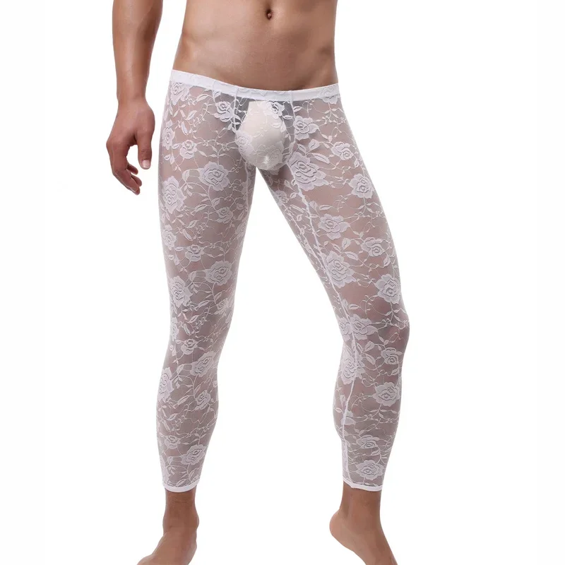 Mens Sexy Sheer Pajama Pants Low Rise Floral Lace Sleep Bottoms Gay Sissy Underwear Sexy Sleepwear Male Leggings Lounge Pants