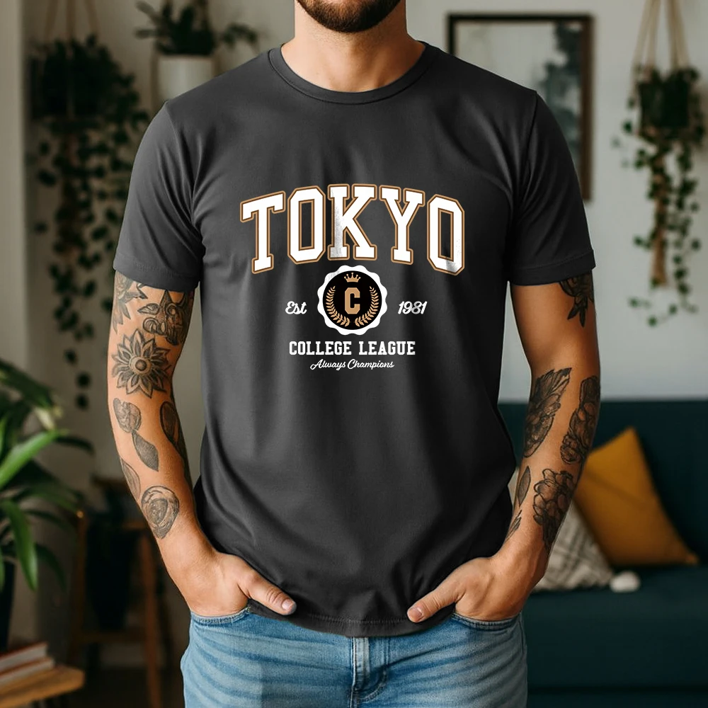 New Summer Mens 100% Cotton T Shirt Tokyo College League Print Casual Breathable Vintage Short Sleeve Daily Wear