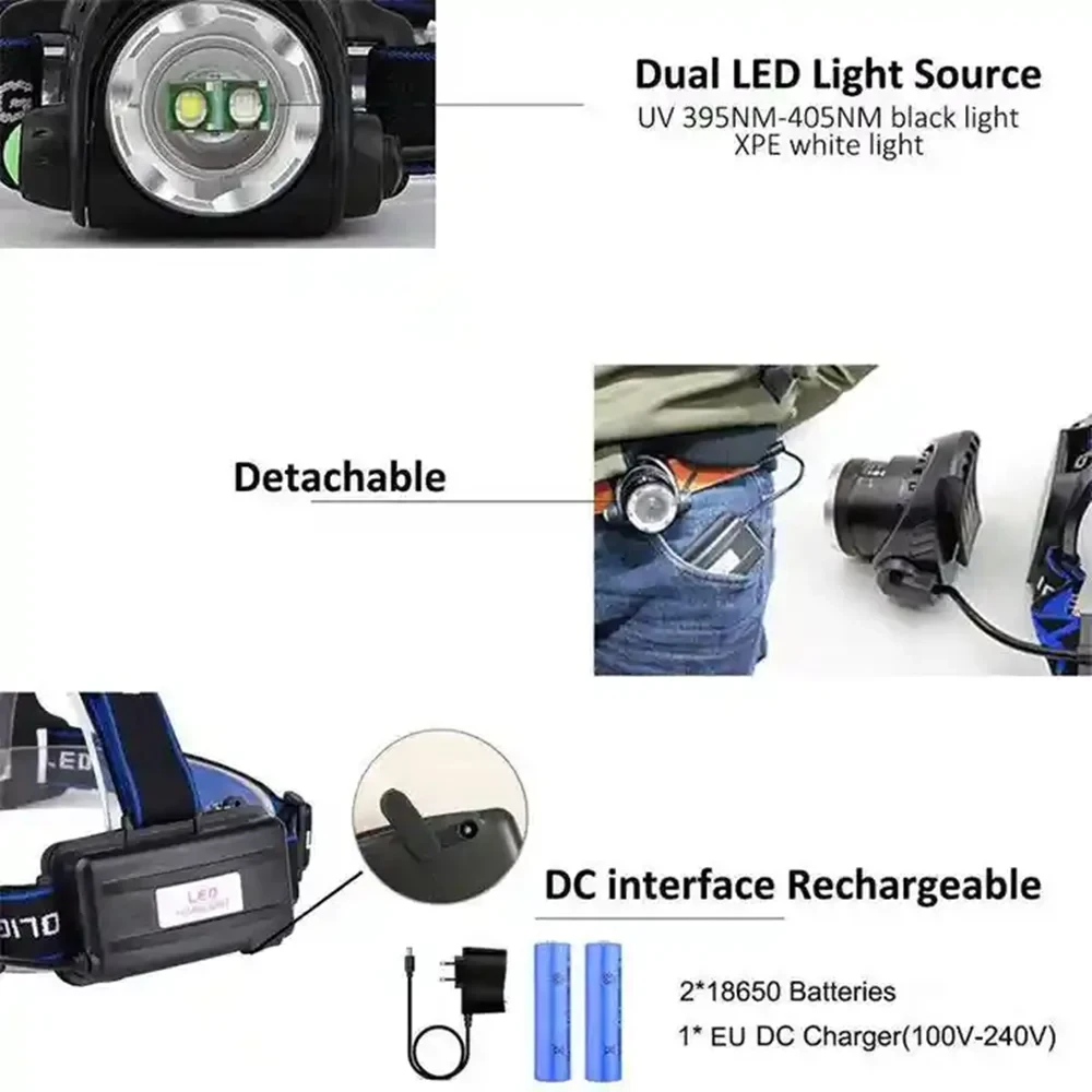 Powerful White/395nm UV Light LED Headlamp Zoom Headlight USB Rechargeable Waterproof Front Head Lamp For Camping Self defense