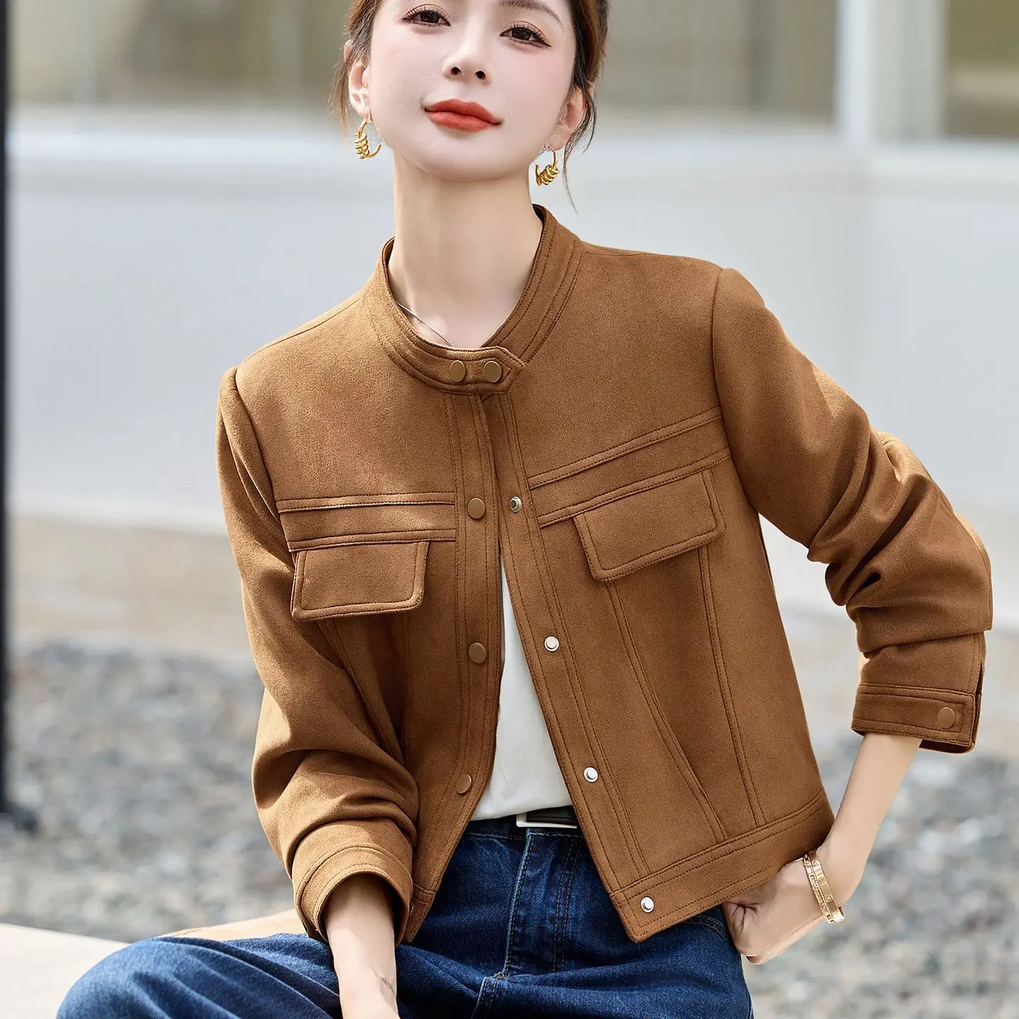 Suede Jacket Fashion Short 2026 New Version Small Stand-Up Collar Slim Design Jacket Top Camel coffee color Outwear