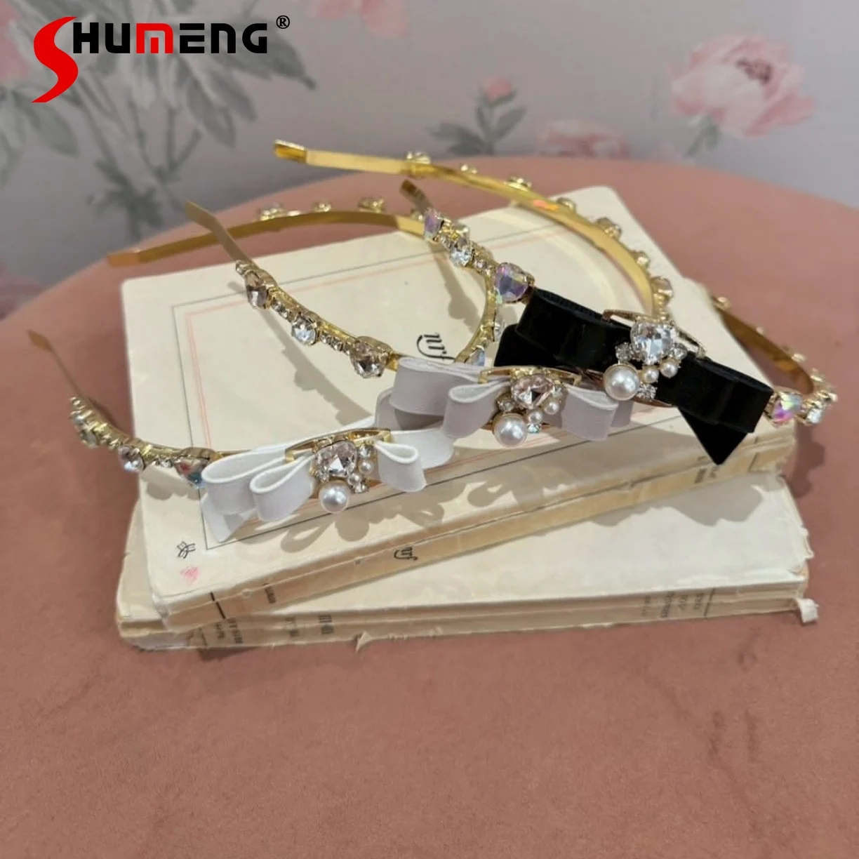 

Японские милые элегантные аксессуары для волос принцессы с жемчугом и бриллиантами, кавайный универсальный бант, металлическая повязка на голову в стиле Лолиты для женщин, обручи для волос