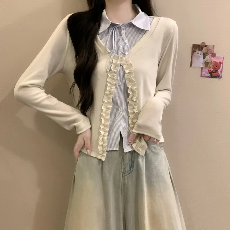 Korean Style Long Sleeve Collar Color Block Simple Design False Two-Piece Top Fashionable Ageless Autumn Winter New Arrival f...