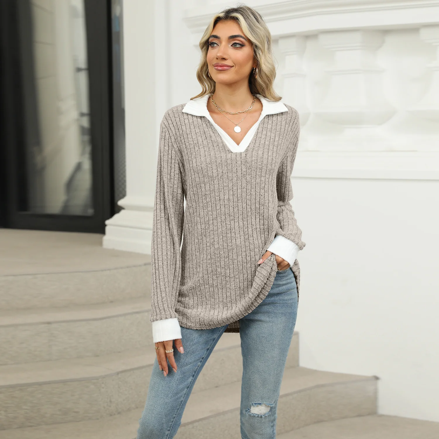

2025 New Women's T-shirt Loose Casual Patchwork Fashion Contrast Lapel Long Sleeve Top Pink Pullover for Female