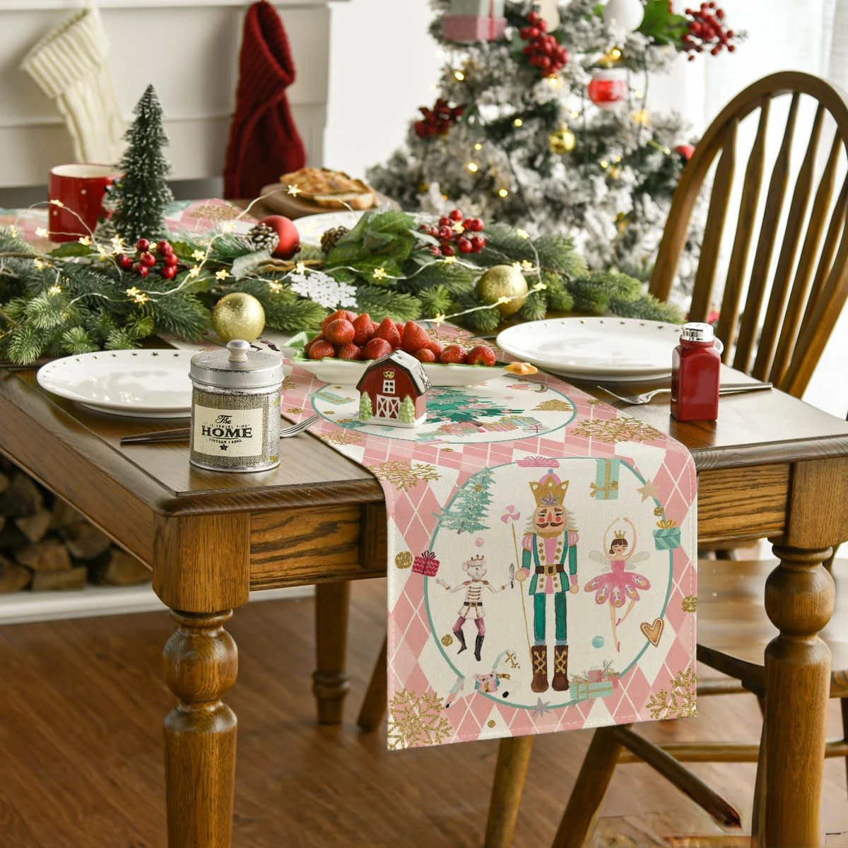 Pink Plaid Nutcracker Snowflake Christmas Table Runner, Winter Kitchen Table Decoration, Suitable for Family Party Decoration