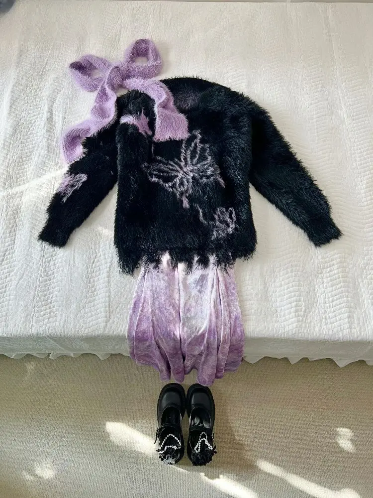 Purple Contrasting Velvet Skirt Imitation Mink Fur Knitted Sweater Two Piece Sets Womens Outifits Vintage Kniwear A Line