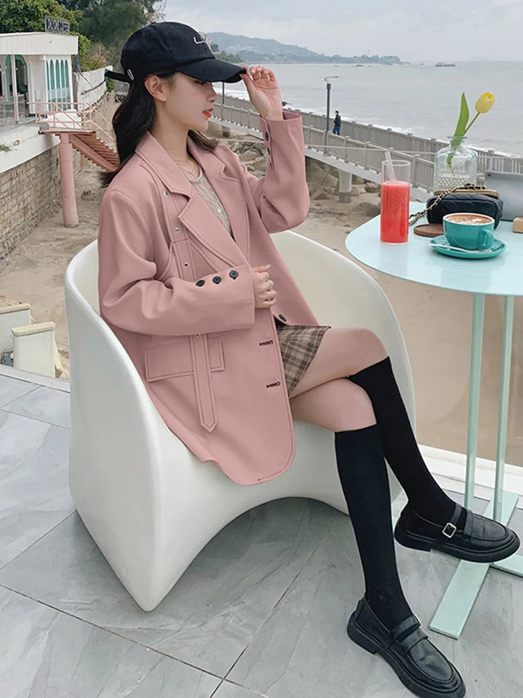 LANMREM Women Solid Color Blazer Coats Belt Decoration Notched Long Sleeve Loose 2024 Spring Female New Clothing 2I172