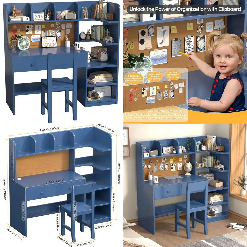

Blue Wooden Kids Study Desk and Chair Set with 2 Drawers, Storage Cabinets, Open Hutch, and Bookshelf for Girls or Kids Bedroom