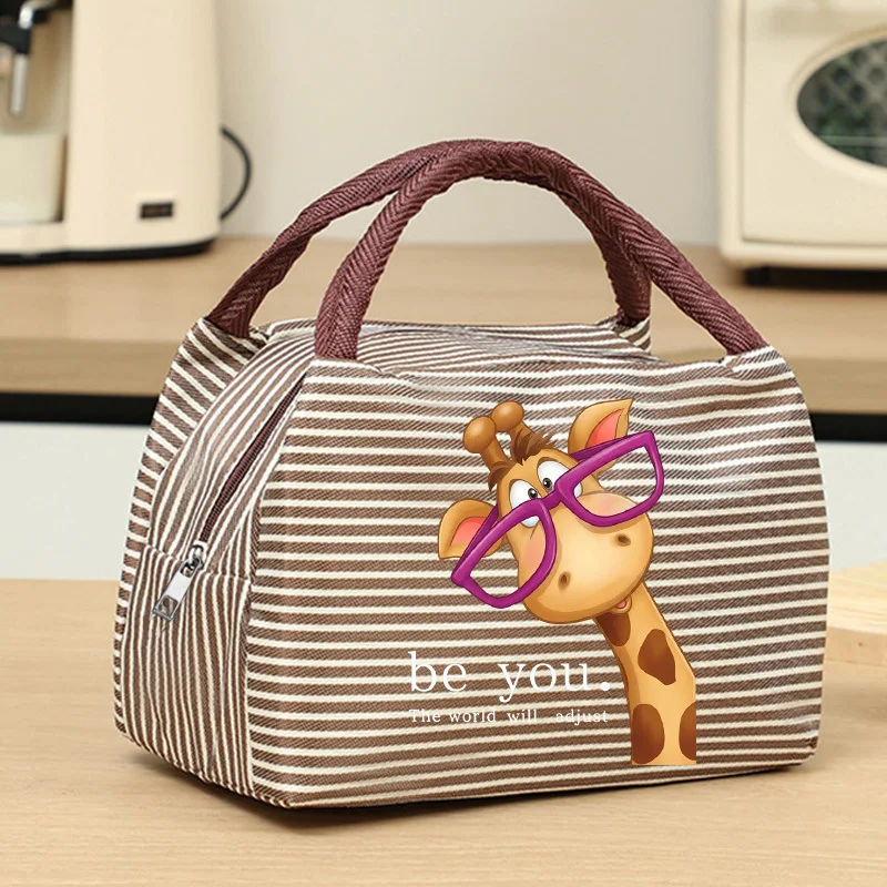 Cute 2D‑Printed Giraffe Insulated Lunch Bag Striped Canvas Thermal Lunch Tote Bag Portable Reusable Food Storage Handbag