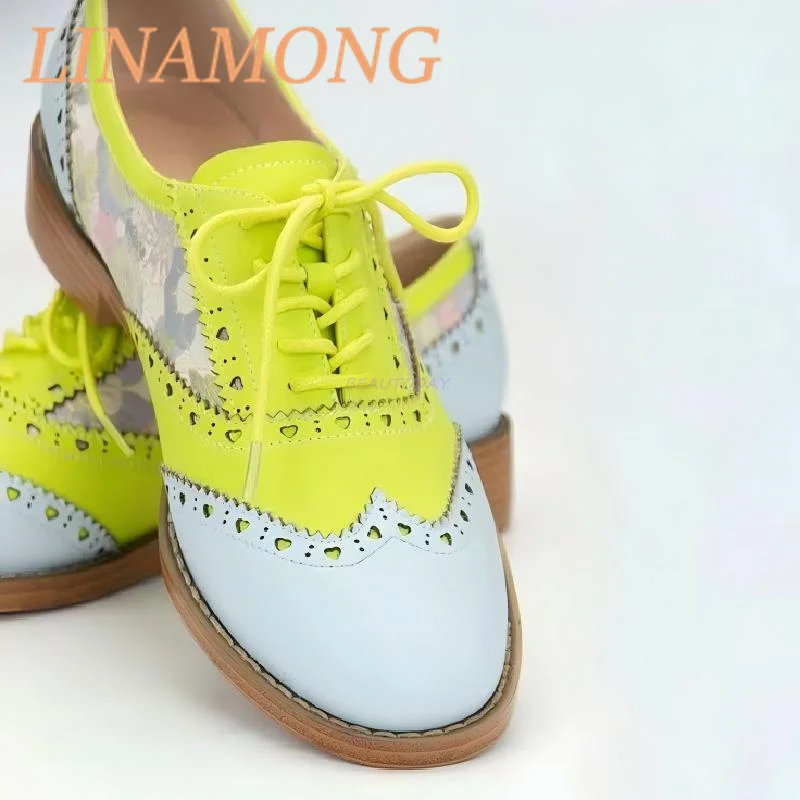 Color Blocking Splicing Casual Shoes Fashionable British Style Lace Up Flat Bottomed Round Toe Low Heel Comfortable LeatherShoes
