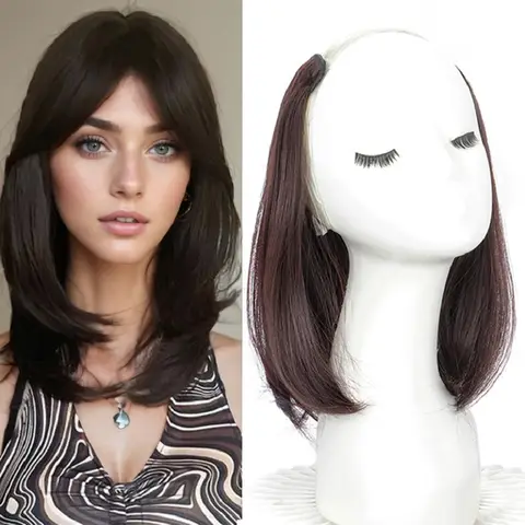 20/30cm Synthetic Short Straight Internal Buckle V-shaped Half Head 4Clips Hair Extension Invisible  Hairpiece for Women