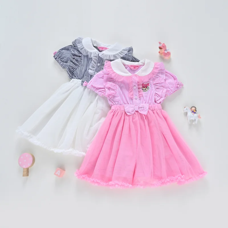 

Summer New Girls' Dress Cute Girl Short Sleeve Dresses Bowknot Mesh Princess Skirts Japan and Korean Baby Girl Clothes 3-8Y