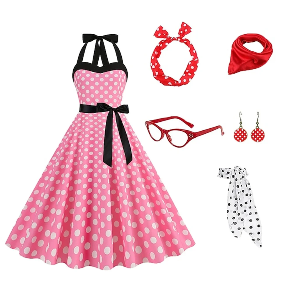 6pcs/set Women Polka Dots Strapless Dress 1950s 60s Hepburn Vintage Party Cocktail Dress with Accessory Earrings Glasses