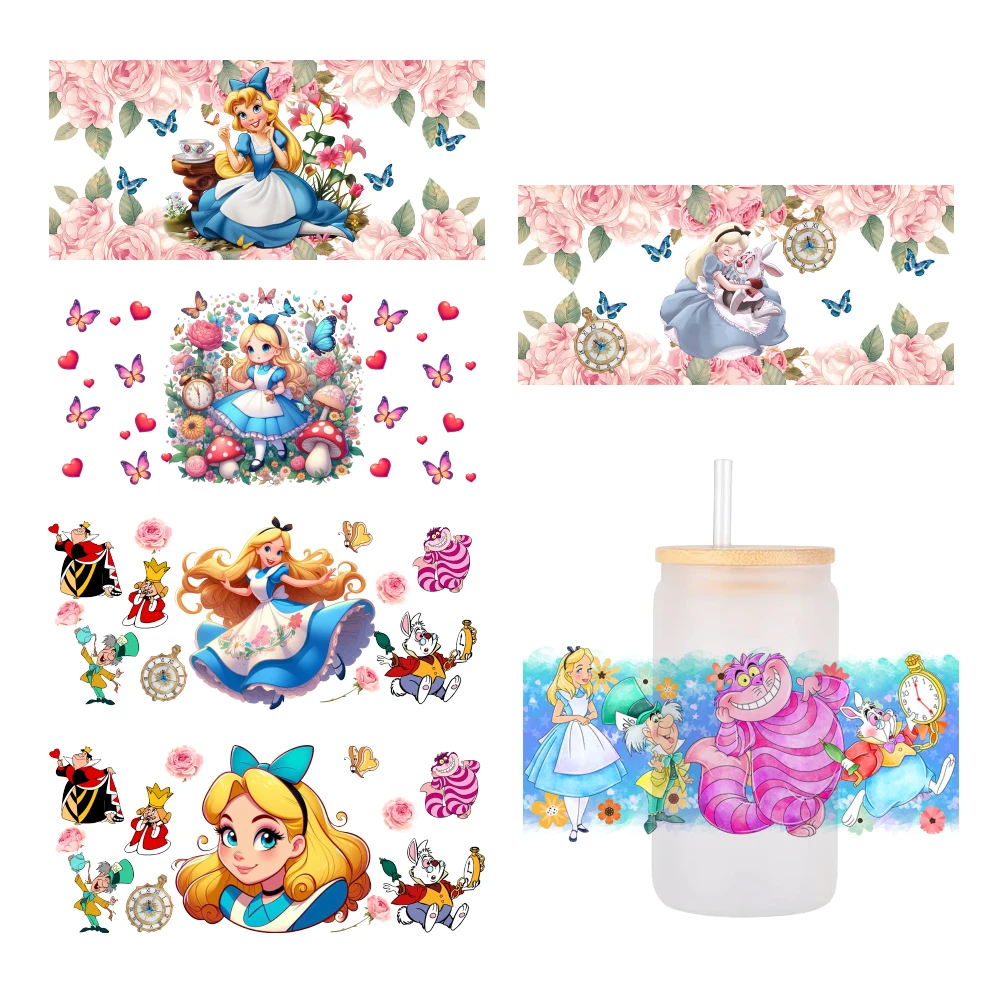 Disney Alice-envoltório de vidro impermeável para café, 3D, UV, DTF, 16oz